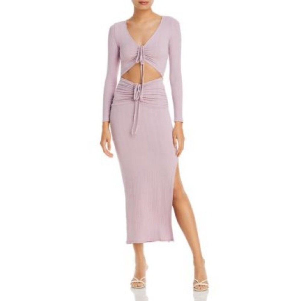 FORE Pink Lavender Ribbed Cut-Out Tie-Front Long Sleeve Dress